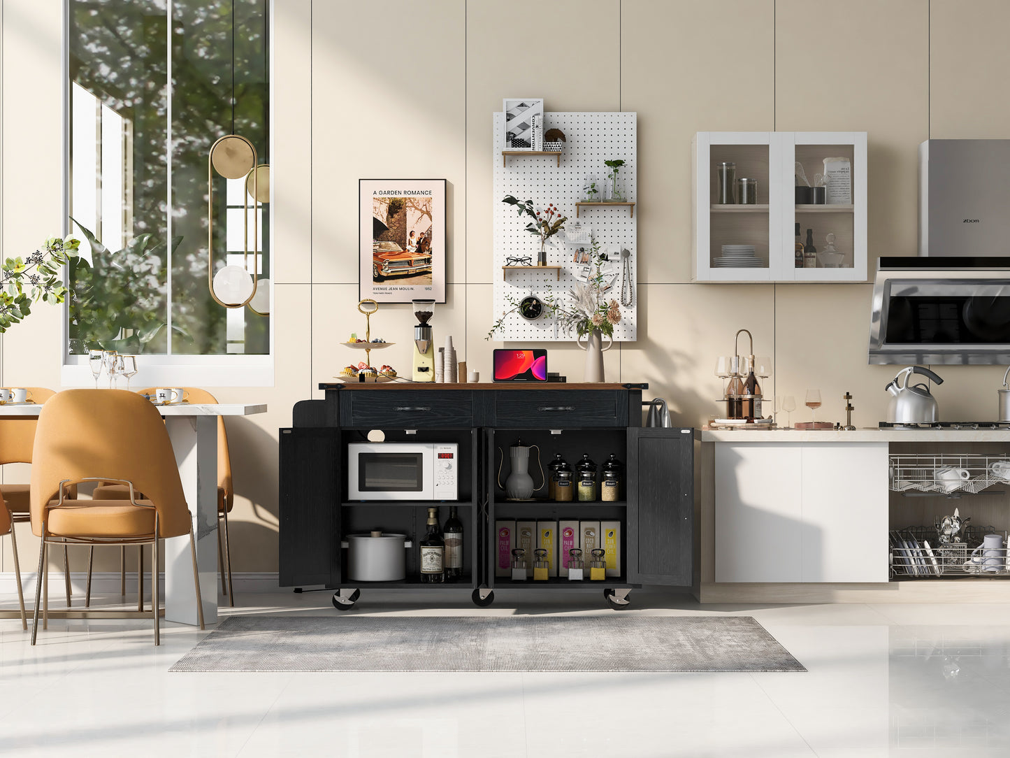 K&K 53.5''Farmhouse Kitchen Island with Power Outlet, Kitchen Storage Island with Drop Leaf, Spice Rack and Drawer, Rolling Kitchen Cart on Wheels, for Home, Kitchen and Dining Room, Black image 8