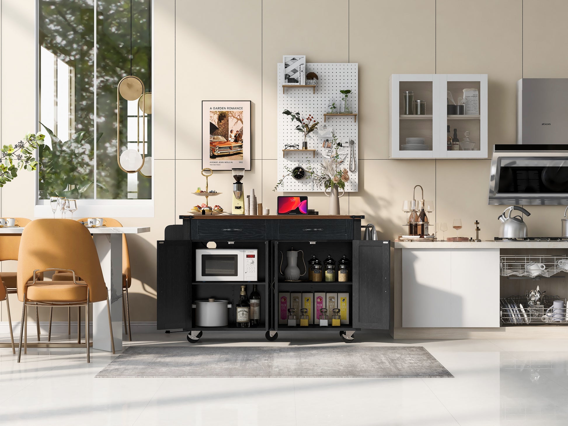K&K 53.5''Farmhouse Kitchen Island with Power Outlet, Kitchen Storage Island with Drop Leaf, Spice Rack and Drawer, Rolling Kitchen Cart on Wheels, for Home, Kitchen and Dining Room, Black image 8