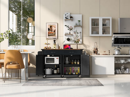 K&K 53.5''Farmhouse Kitchen Island with Power Outlet, Kitchen Storage Island with Drop Leaf, Spice Rack and Drawer, Rolling Kitchen Cart on Wheels, for Home, Kitchen and Dining Room, Black image 8