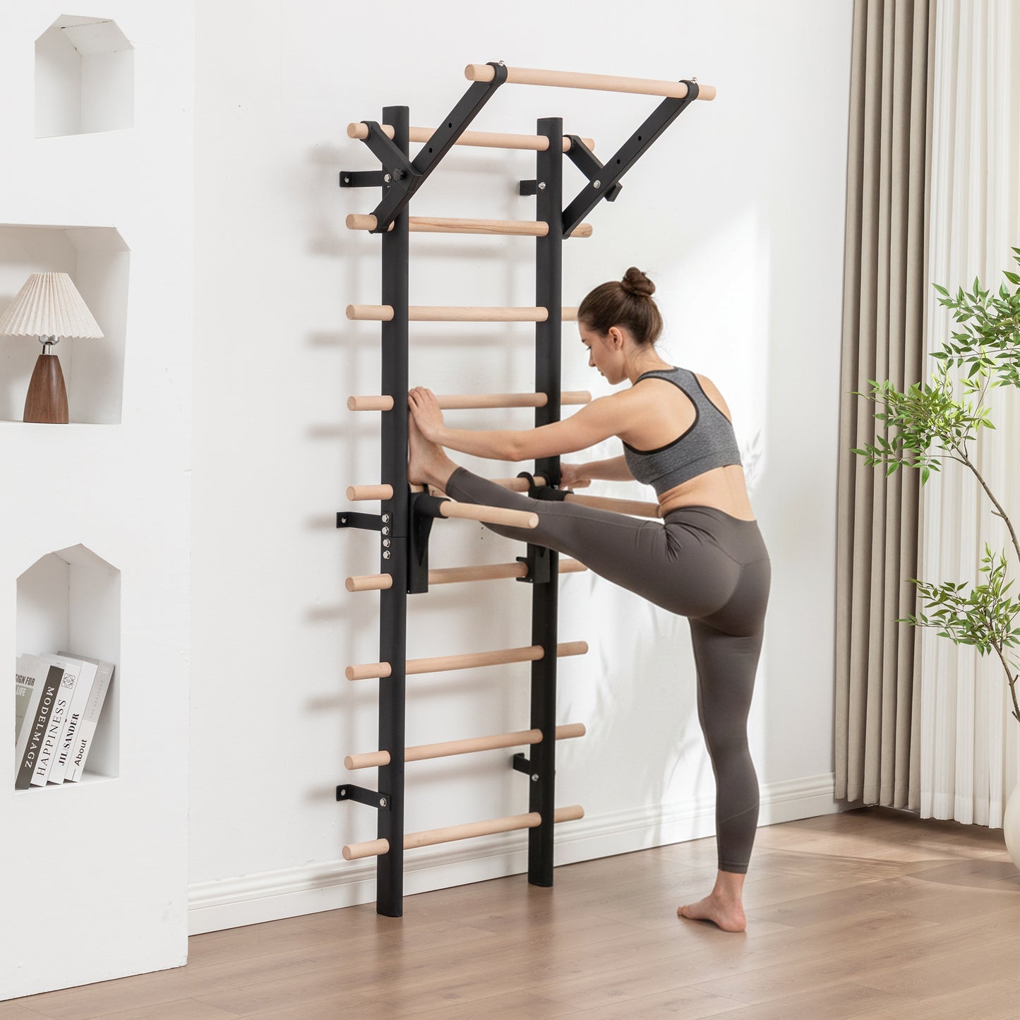 Wall Mount Swedish Ladder Home Gym Training Stall Bar with Adjustable Pull Up Dip Bars & Resistance Straps, Max 286lbs Capacity image 11