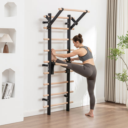 Wall Mount Swedish Ladder Home Gym Training Stall Bar with Adjustable Pull Up Dip Bars & Resistance Straps, Max 286lbs Capacity image 11