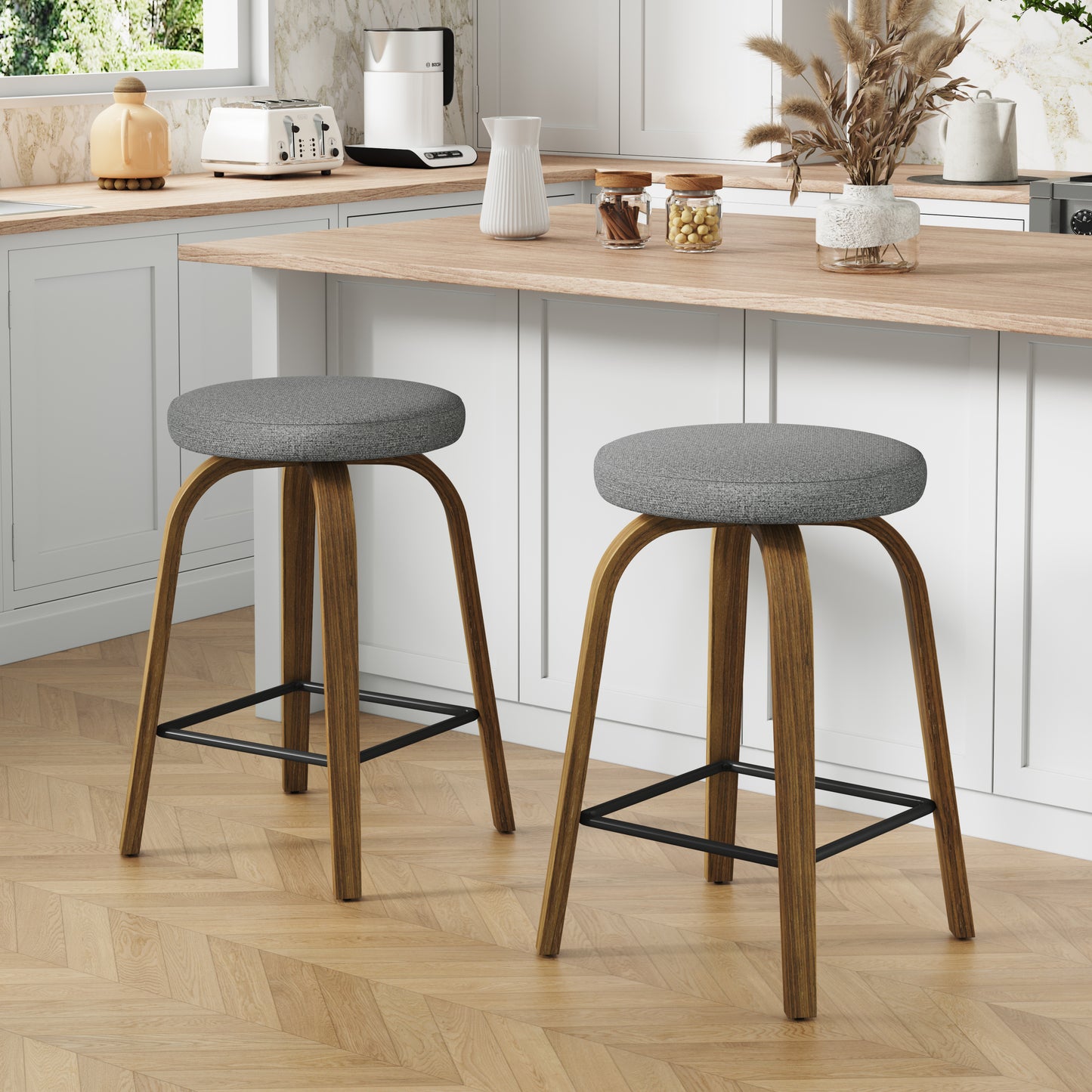 Swivel Bar Stools Set of 2, Counter Height Backless 26″ Bar Stool, Fabric Upholstered Seat, Sturdy Wood Legs and Metal Footrest, Mid-Century Modern Island Stools for Home Bars, Restaurants, Gray image 1
