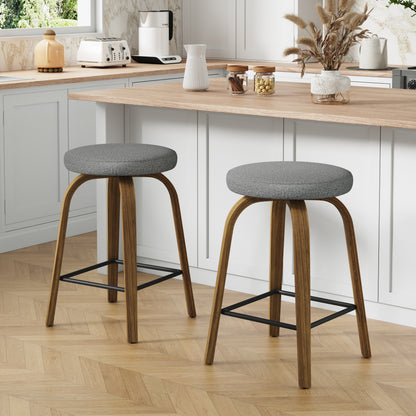 Swivel Bar Stools Set of 2, Counter Height Backless 26″ Bar Stool, Fabric Upholstered Seat, Sturdy Wood Legs and Metal Footrest, Mid-Century Modern Island Stools for Home Bars, Restaurants, Gray image 1