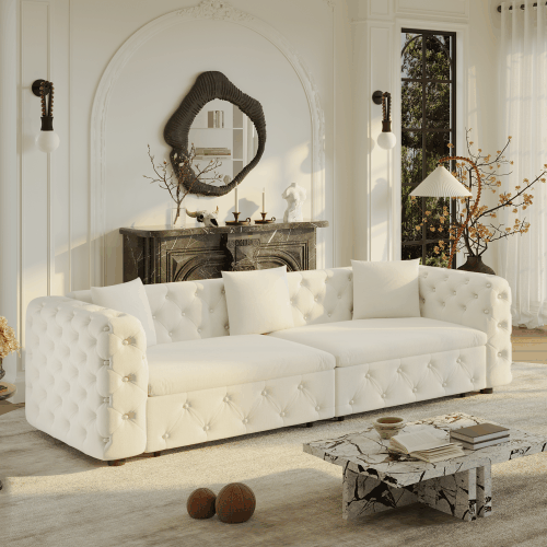 89" Extra Large Multifunctional Sofa Bed, 3-in-1 Pull Out Sofa, 4-Seater Classic Velvet Sofa with Tufted Design, Includes 3 Throw Pillows, Suitable for Apartments and Living Rooms, Beige&White image 1