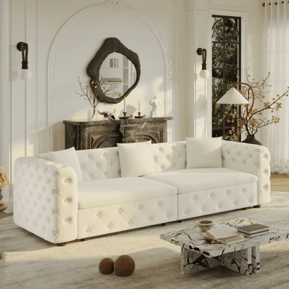 89" Extra Large Multifunctional Sofa Bed, 3-in-1 Pull Out Sofa, 4-Seater Classic Velvet Sofa with Tufted Design, Includes 3 Throw Pillows, Suitable for Apartments and Living Rooms, Beige&White image 1