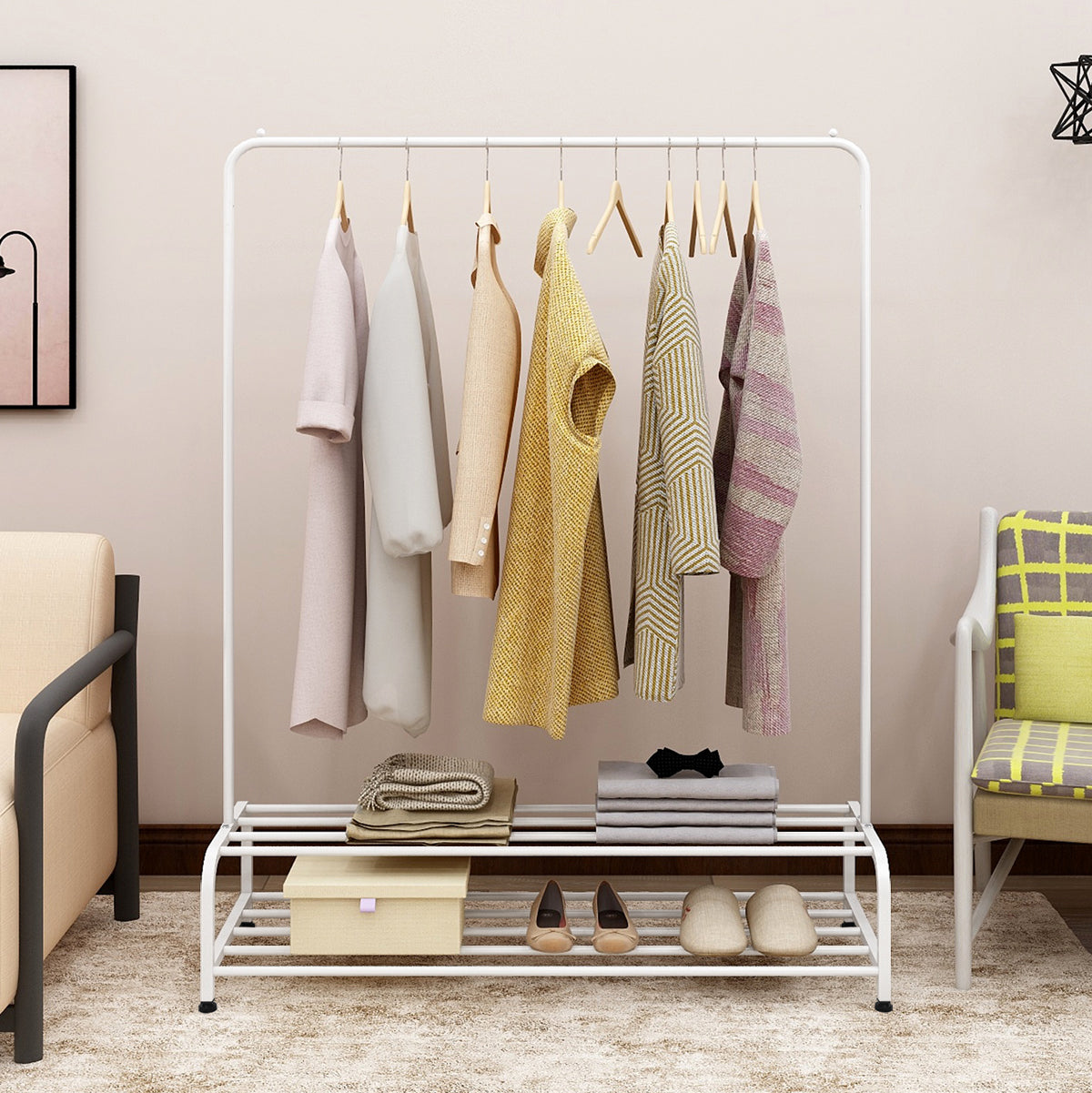 Heavy Duty Garment Rack, Metal Clothes Rack with Bottom Shelf, Standing Coat Rack for Bedroom, Laundry Room, Small Spaces, 47.2"L x 17.7"W, White image 1