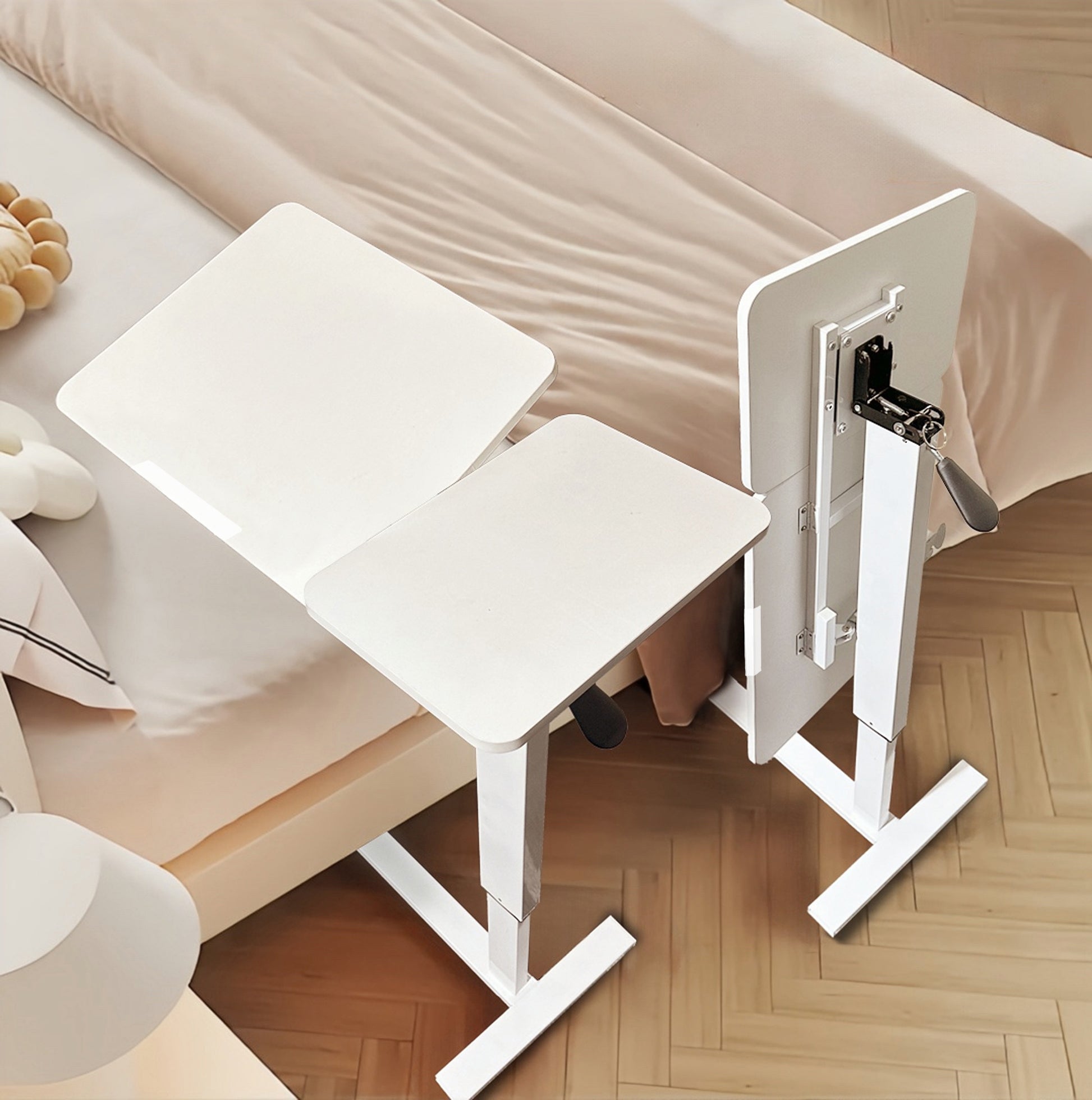 (UPGRADED) Overbed Bedside Desk, Mobile Rolling Laptop Stand Tilting Overbed Table with Wheels, Height Adjustable Tray Bedside Table for Laptop Bed Sofa, WHITE image 10