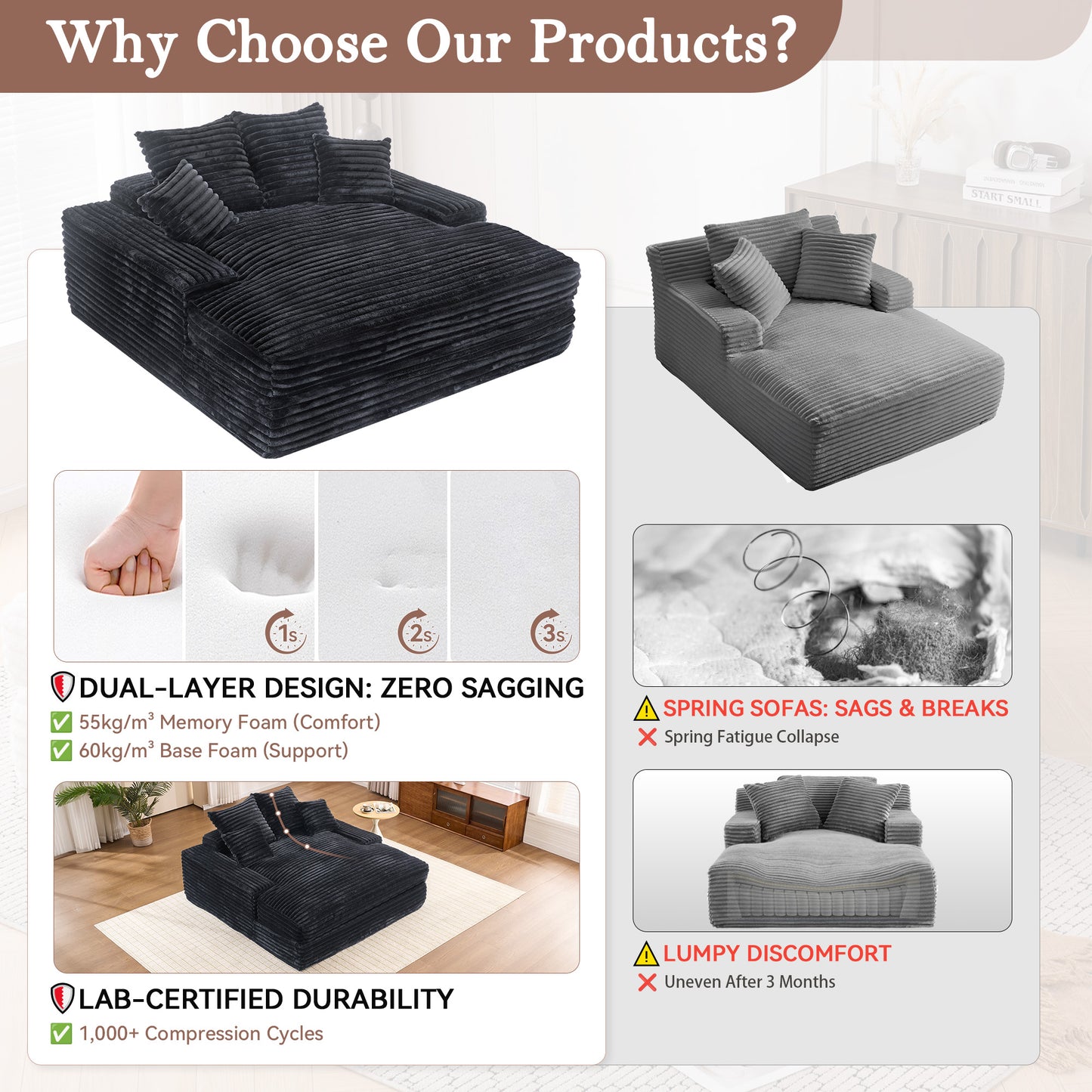028DR-Oversized chaise Lounge chair, Upholstered Sleeper Sofa Bed with 4 Throw Pillows and Armrests, Corduroy Fabric Plush Lounge Chair Bed for Living Room, Apartment & Small Spaces, Gray image 4