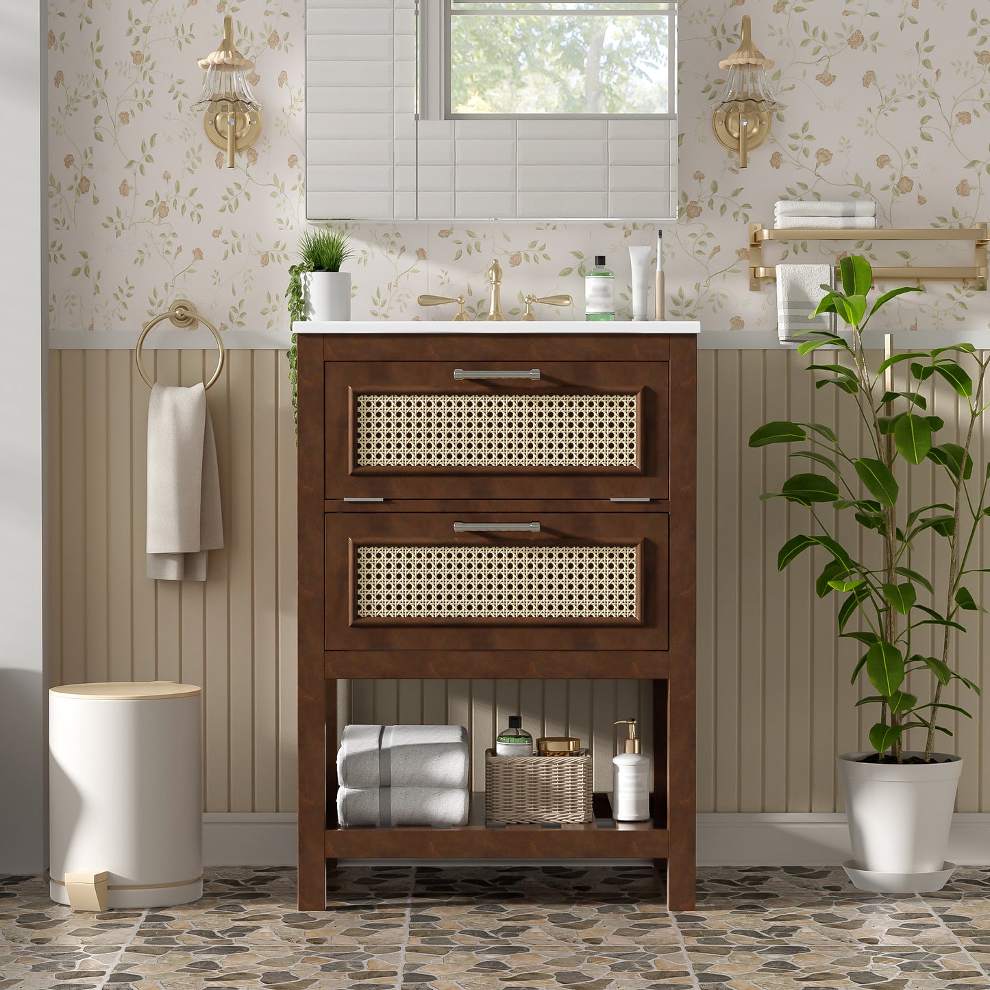 24" Bathroom Vanity with Integrated Ceramic Sink, Bathroom Cabinet with 1 Deep Drawer, 1 Tip-Out Drawer, Single Sink Bathroom Vanity for Small and Medium Restroom image 1