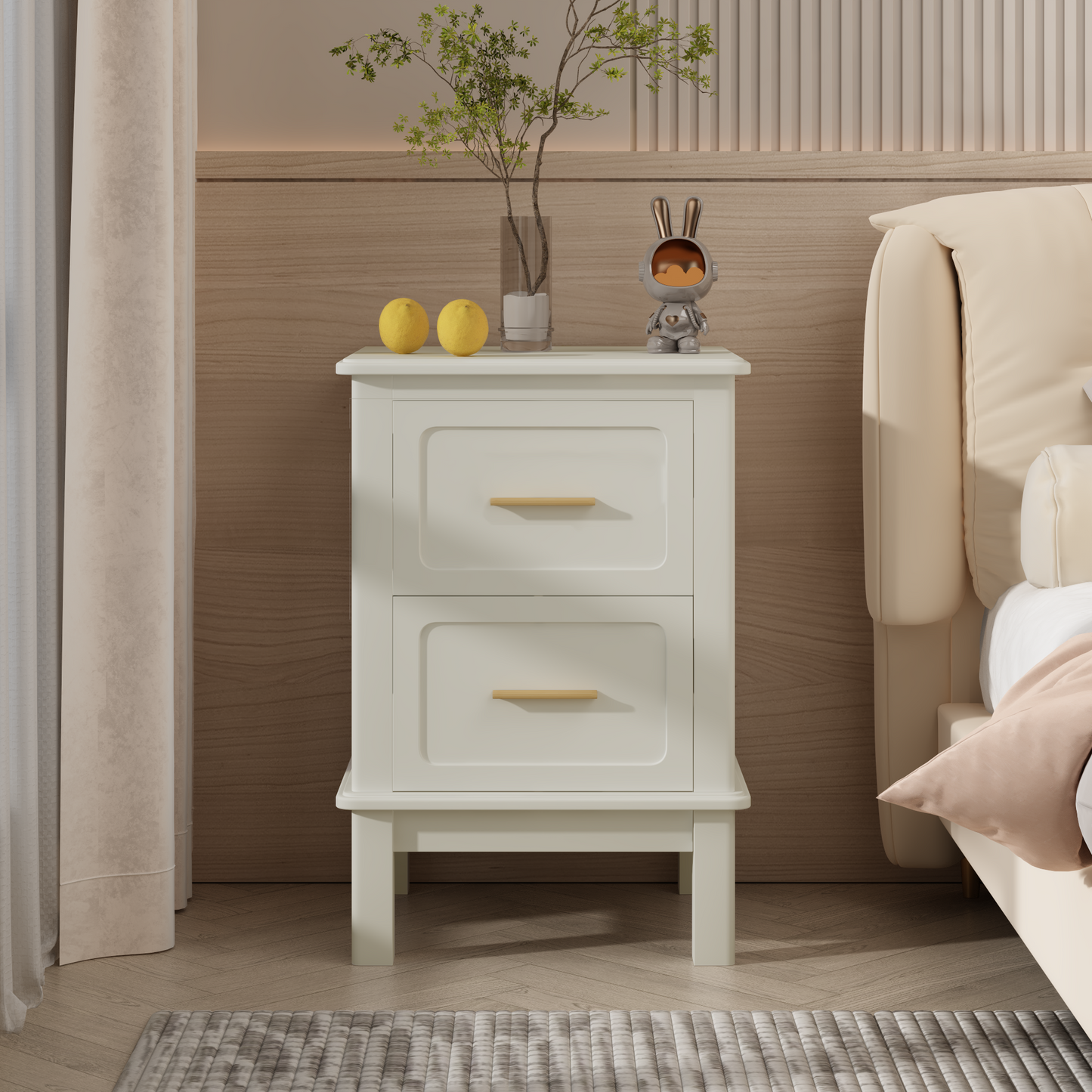 Modern Nightstand with 2 Drawers, Bedroom Bedside Table with Gold Handles, Sturdy Wood Accent Table for Small Spaces, Living Room, Kids Room & Guest Room-Off White image 1
