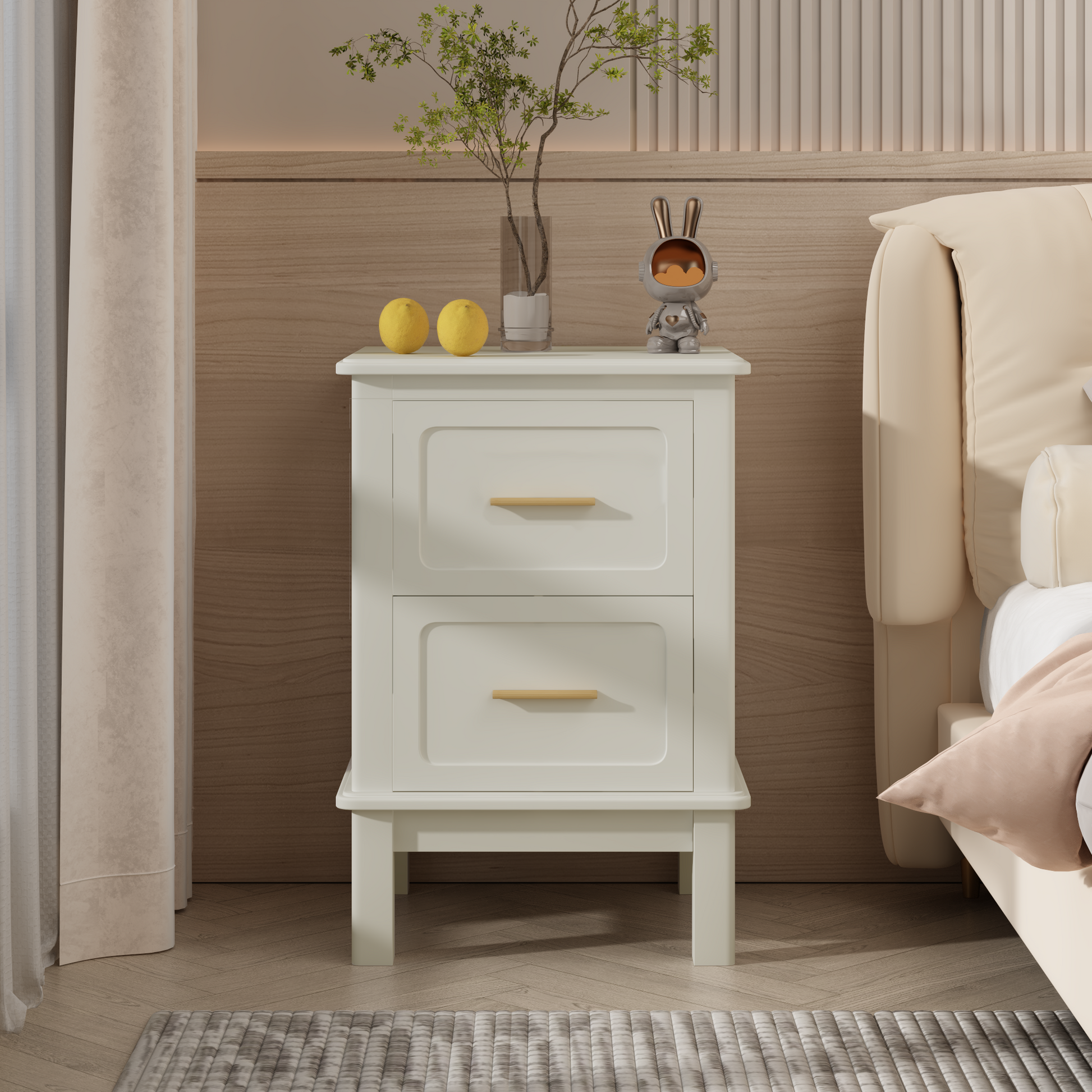 Modern Nightstand with 2 Drawers, Bedroom Bedside Table with Gold Handles, Sturdy Wood Accent Table for Small Spaces, Living Room, Kids Room & Guest Room-Off White image 1