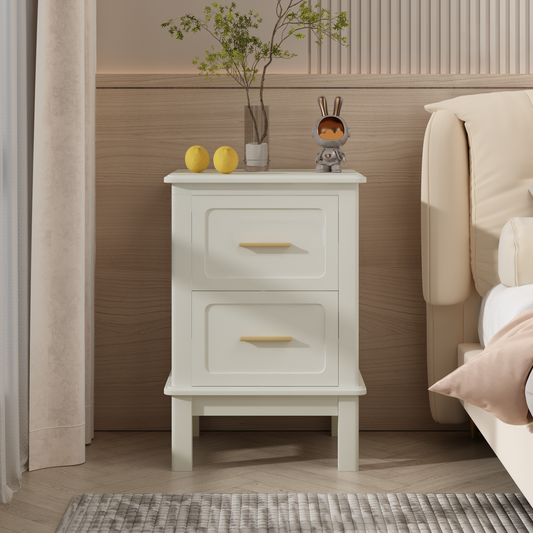 Modern Nightstand with 2 Drawers, Bedroom Bedside Table with Gold Handles, Sturdy Wood Accent Table for Small Spaces, Living Room, Kids Room & Guest Room-Off White image 1