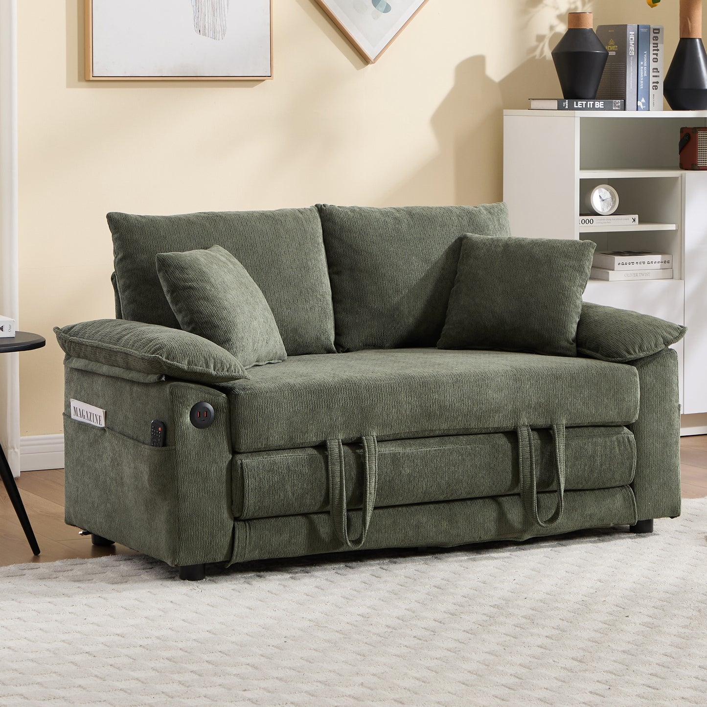 58 inch 3-in-1 Upholstered Futon Sofa Convertible Floor Sofa bed,Foldable Tufted Loveseat with Pull Out Sleeper Couch Bed,Folding Mattres Love Seat Daybed W/Side Pockets for Living Room Green image 2