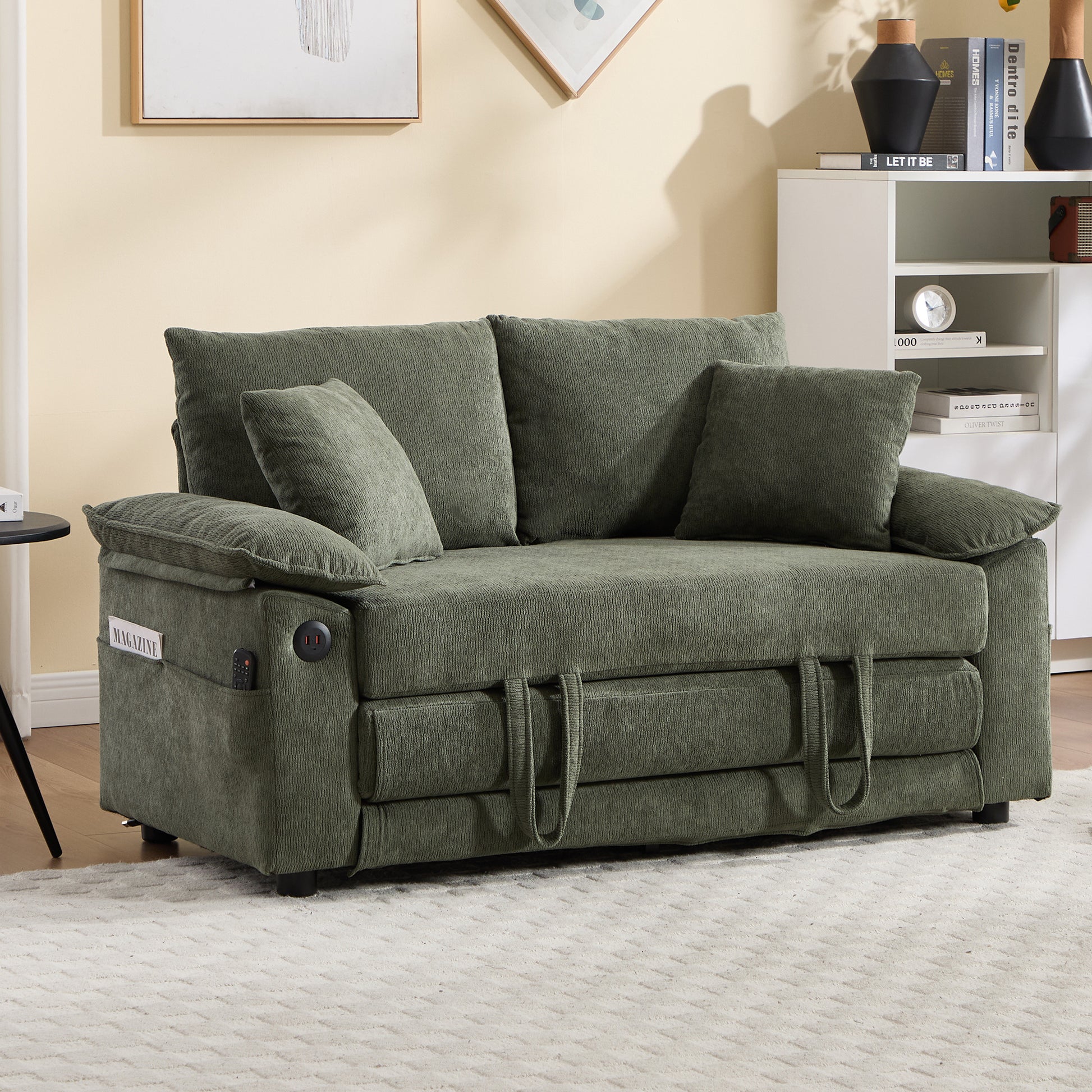 58 inch 3-in-1 Upholstered Futon Sofa Convertible Floor Sofa bed,Foldable Tufted Loveseat with Pull Out Sleeper Couch Bed,Folding Mattres Love Seat Daybed W/Side Pockets for Living Room Green image 2