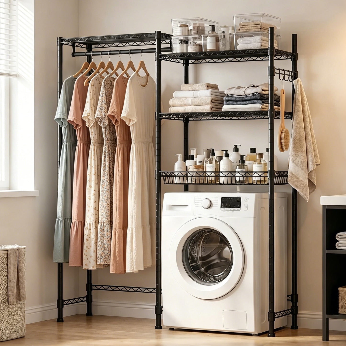 Over Washer and Dryer Shelves, 4 Tier Laundry Room Clothes Drying Rack Wire Basket & Rotating Side Hook, Heavy Duty Laundry Drying Rack, Space Saving and Adjustable Shelves, Black image 2
