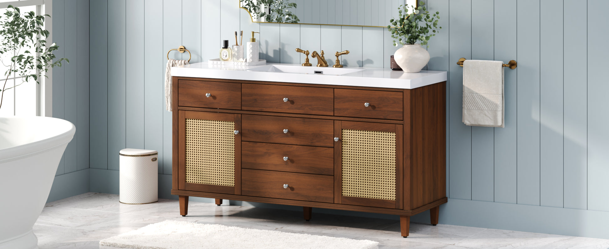 60" Bathroom Vanity with SMC Sink, Modern Large Storage Bathroom Storage Cabinet with Soft Close Drawers and Rattan Doors, Silver Metal Knobs and 5 Pine Legs, Brown image 3