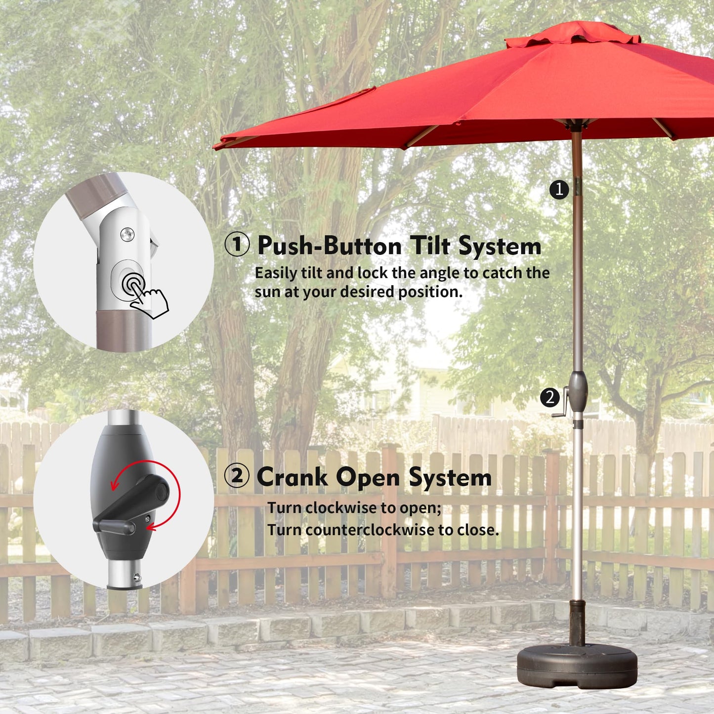 10FT Patio Umbrella, Outdoor Table Umbrella with Push Button Tilt and Crank, UV Protection Waterproof Market Sun Umbrella with 8 Sturdy Ribs for Garden, Deck, Backyard, Pool (Brick red) image 4