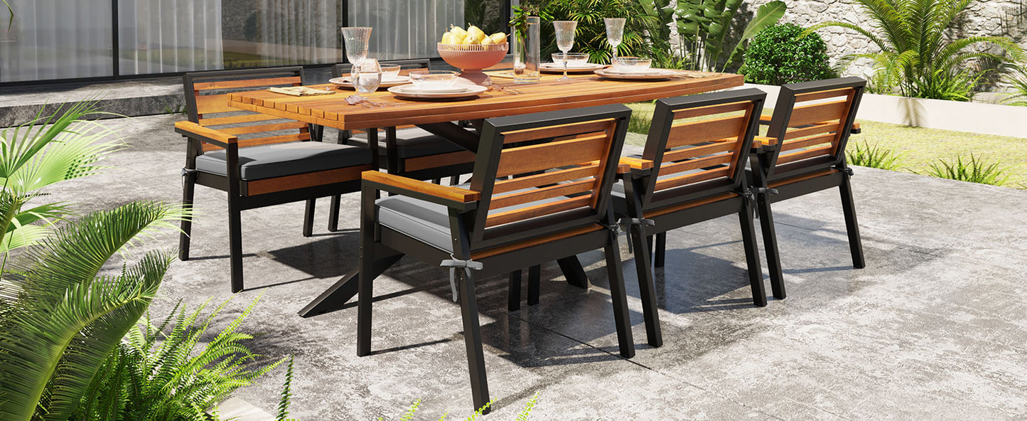 Modern 7-Piece Dining Set, Acacia Wood with Iron Frame, 6 Chairs with Dual-Layer Iron & Wood Seat Frame and Detachable Cushions, Outdoor/Indoor Furniture for Patio and Garden, Gray image 11