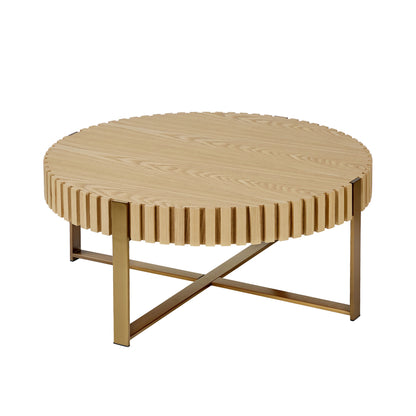 Modern Handcraft Drum Coffee Table 31.5 inch Round Coffee Table for Living Room,Small Coffee Table with Sturdy Pedestal,Natural Ash image 3