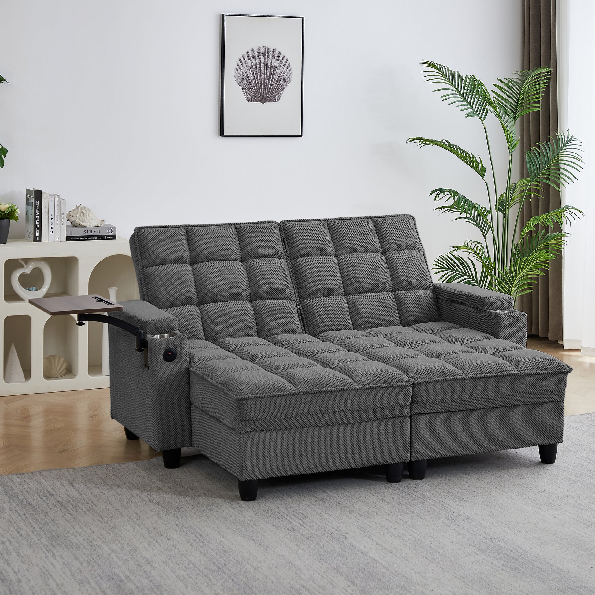 Dark Grey Sofa,Sleeper Sofa Bed with 6-Position Adjustable Backrest,USB Ports, Cup Holder and Swivel Side Table image 1