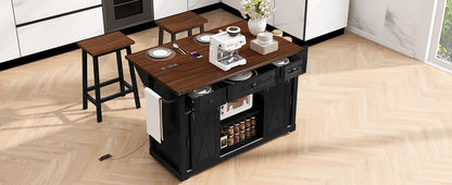 K&K 58" Farmhouse Kitchen Island with Storage, Sliding Barn Door & Metal Grid Side Door, Rolling Kitchen Island on 5 Wheels with Spice Rack, Glass Holders,Island Table with Drop Leaf for Kitchen,Black image 4