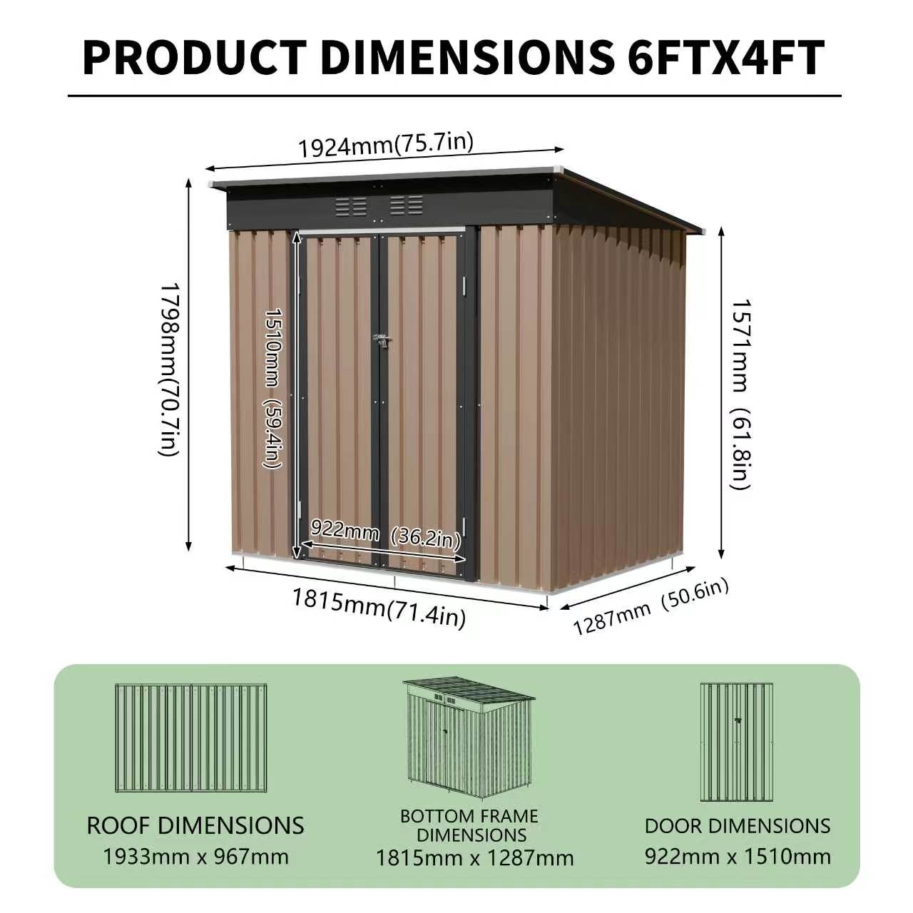 6x4 FT Metal Garden Shed with Hinge Door Pent Roof,Brown Storage Shed for Patio Backyard image 3