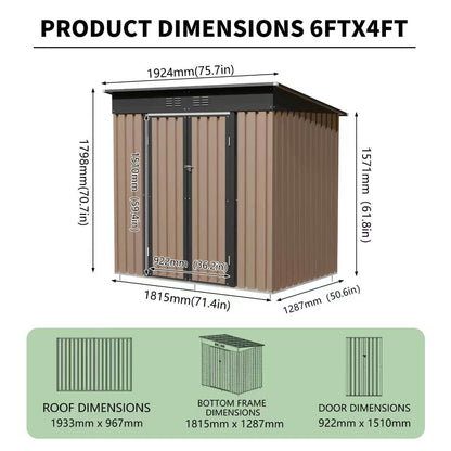 6x4 FT Metal Garden Shed with Hinge Door Pent Roof,Brown Storage Shed for Patio Backyard image 3