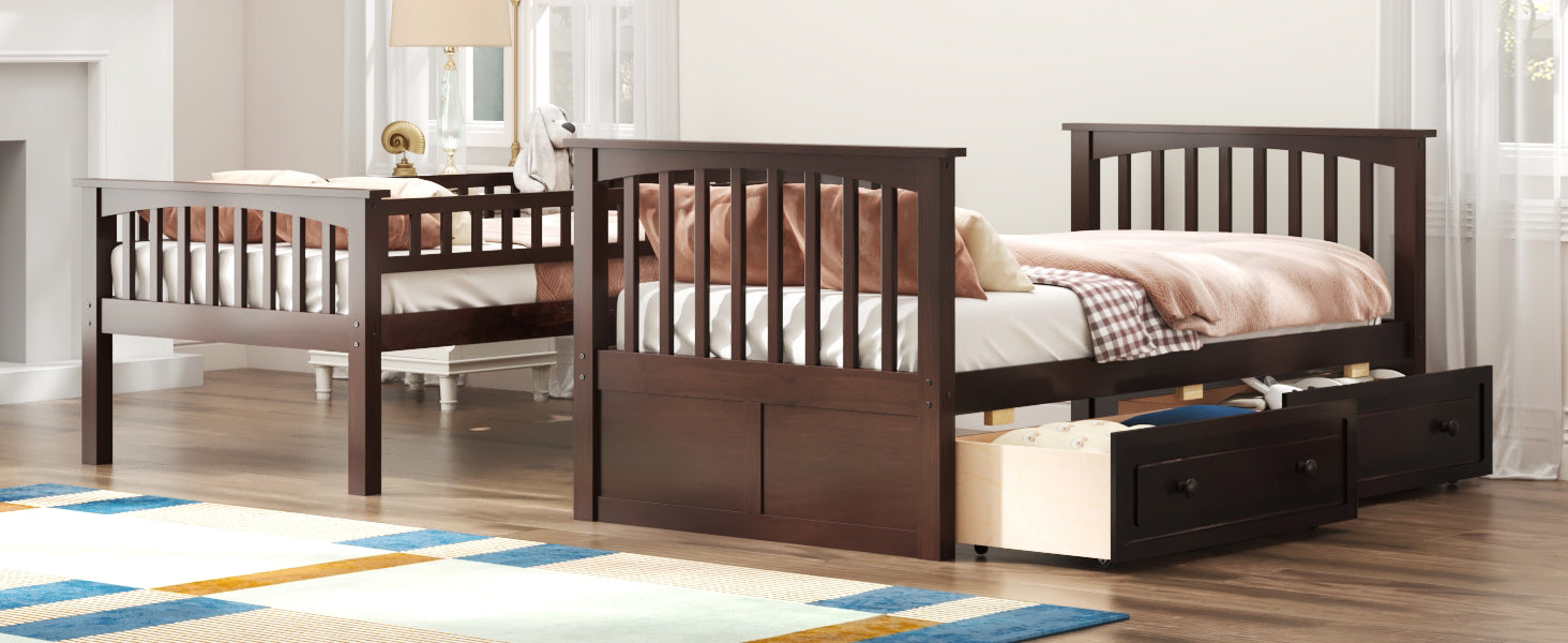 Twin over Twin Bunk Bed with Drawers, Convertible Beds, Espresso image 7