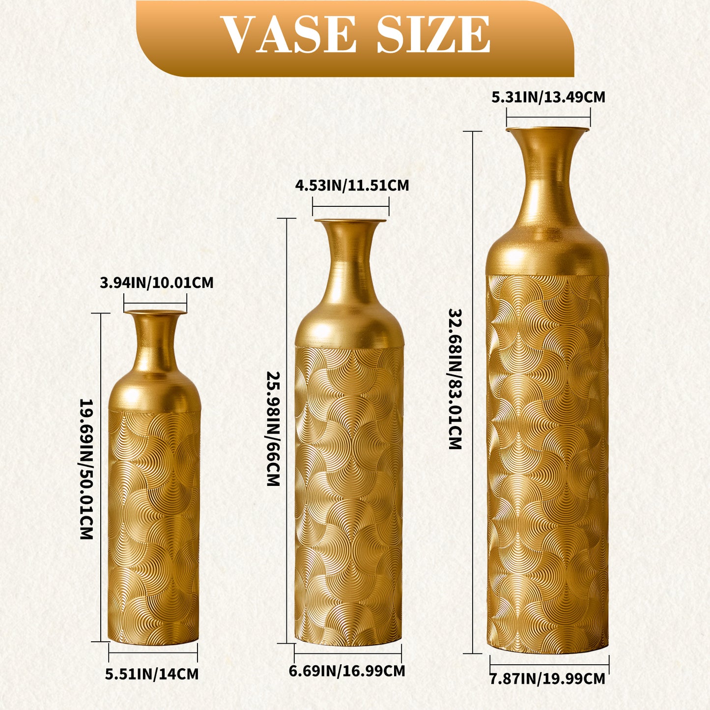 3 Pack Gold Metal Vase Set, Tall Embossed Nested Vases, Semi-Handcrafted Decorative Centerpieces for Home, Living Room, Floor, Fireplace, Not Waterproof image 6