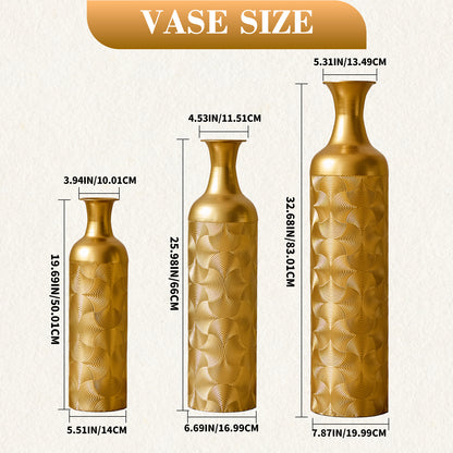 3 Pack Gold Metal Vase Set, Tall Embossed Nested Vases, Semi-Handcrafted Decorative Centerpieces for Home, Living Room, Floor, Fireplace, Not Waterproof image 6