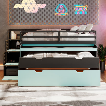 Twin XL Loft Bed with Pull-Out Desk and Twin Trundle, Multi-Functional Bunk Bed with 2 Storage Drawers and Storage Steps, Space-Saving Gaming & Workstation Bedframe, Black+Blue image 5