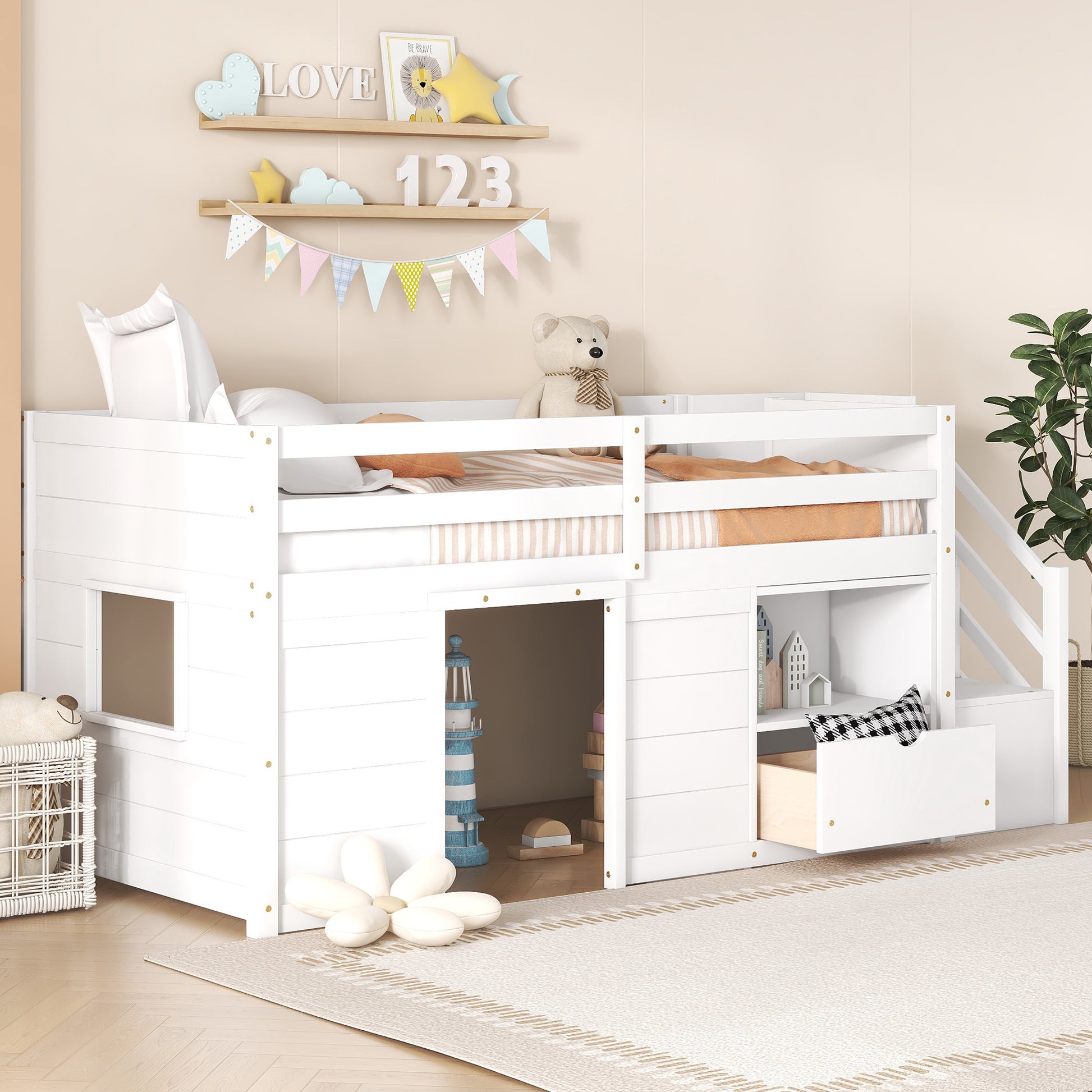TWIN BED, SOLID WOOD TWIN SIZE LOW LOFT BED WITH STAIR, DRAWER, AND SHELF OF WHITE COLOR image 3