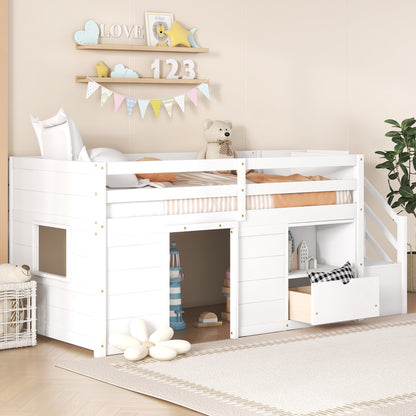 TWIN BED, SOLID WOOD TWIN SIZE LOW LOFT BED WITH STAIR, DRAWER, AND SHELF OF WHITE COLOR image 3