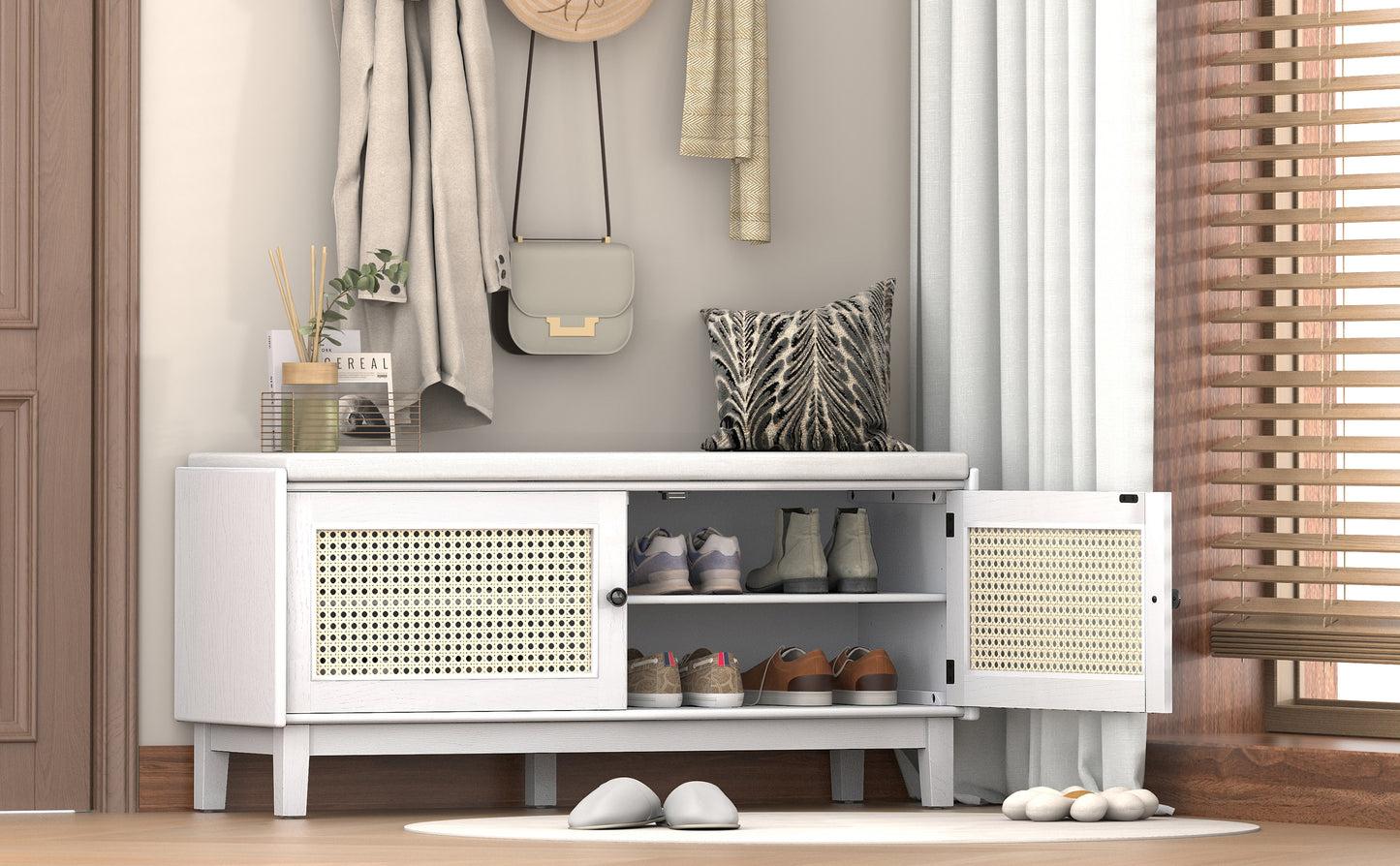 TREXM Boho Rattan Entryway Bench with Storage, Cushioned Shoe Bench with Double Doors, Wooden Shoe Organizer Bench for Entryway and Hallway (White+Beige) image 3