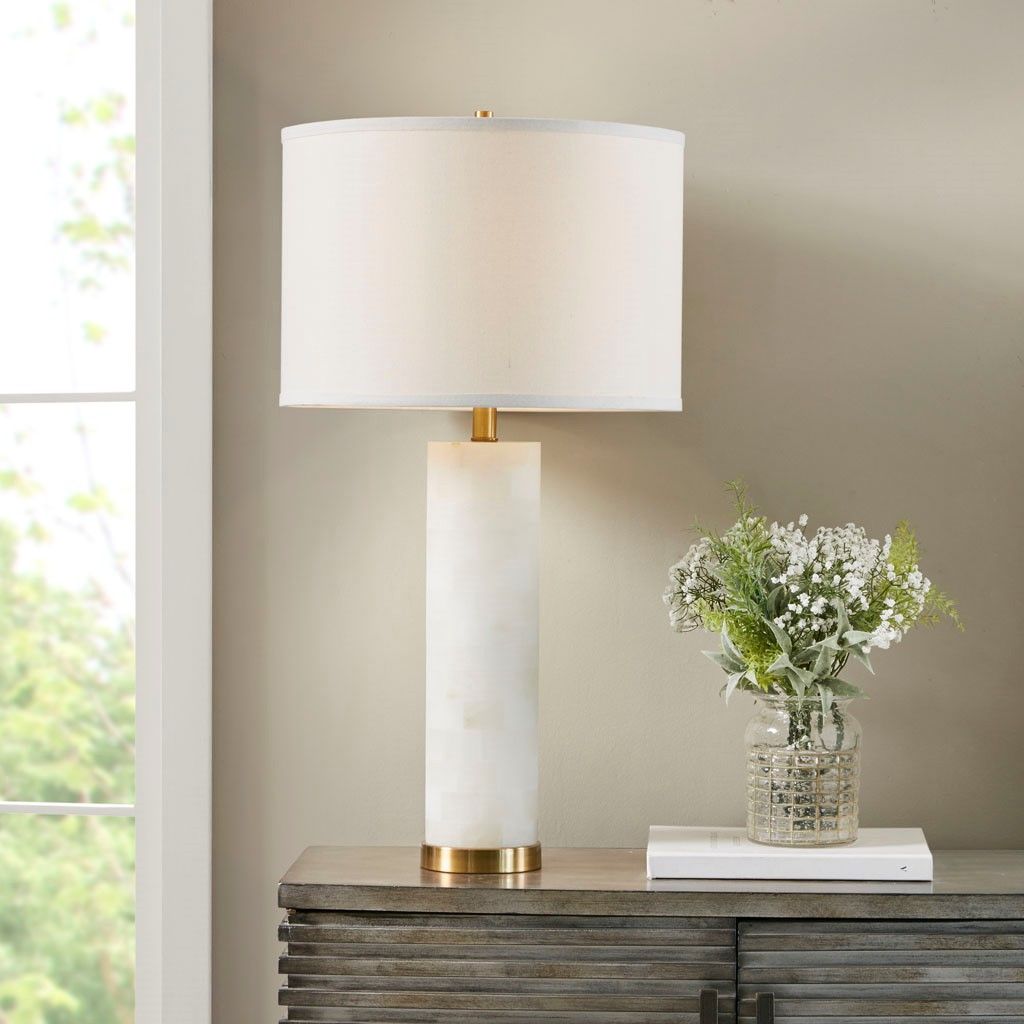 Alabaster Table Lamp with gold base and white drum shade - front view