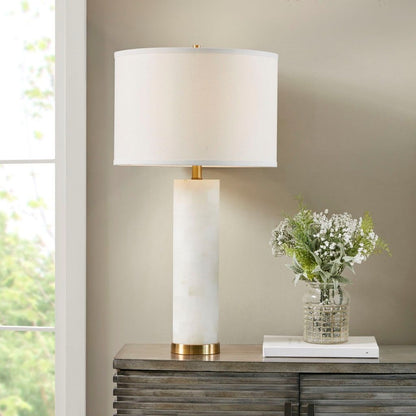 Alabaster Table Lamp with gold base and white drum shade - front view