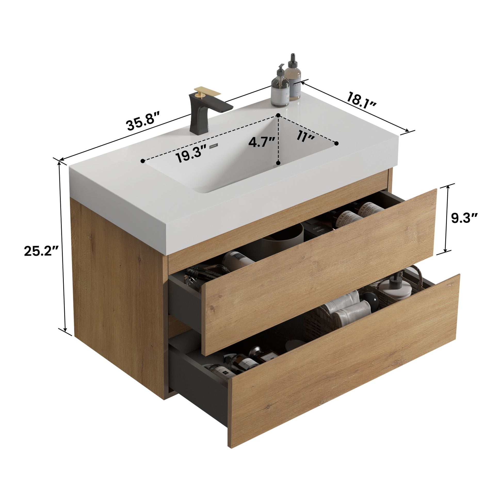 Alice 36" Oak Bathroom Vanity with Black Sink, Large Storage Wall Mounted Floating Bathroom Vanity for Modern Bathroom,  image 9