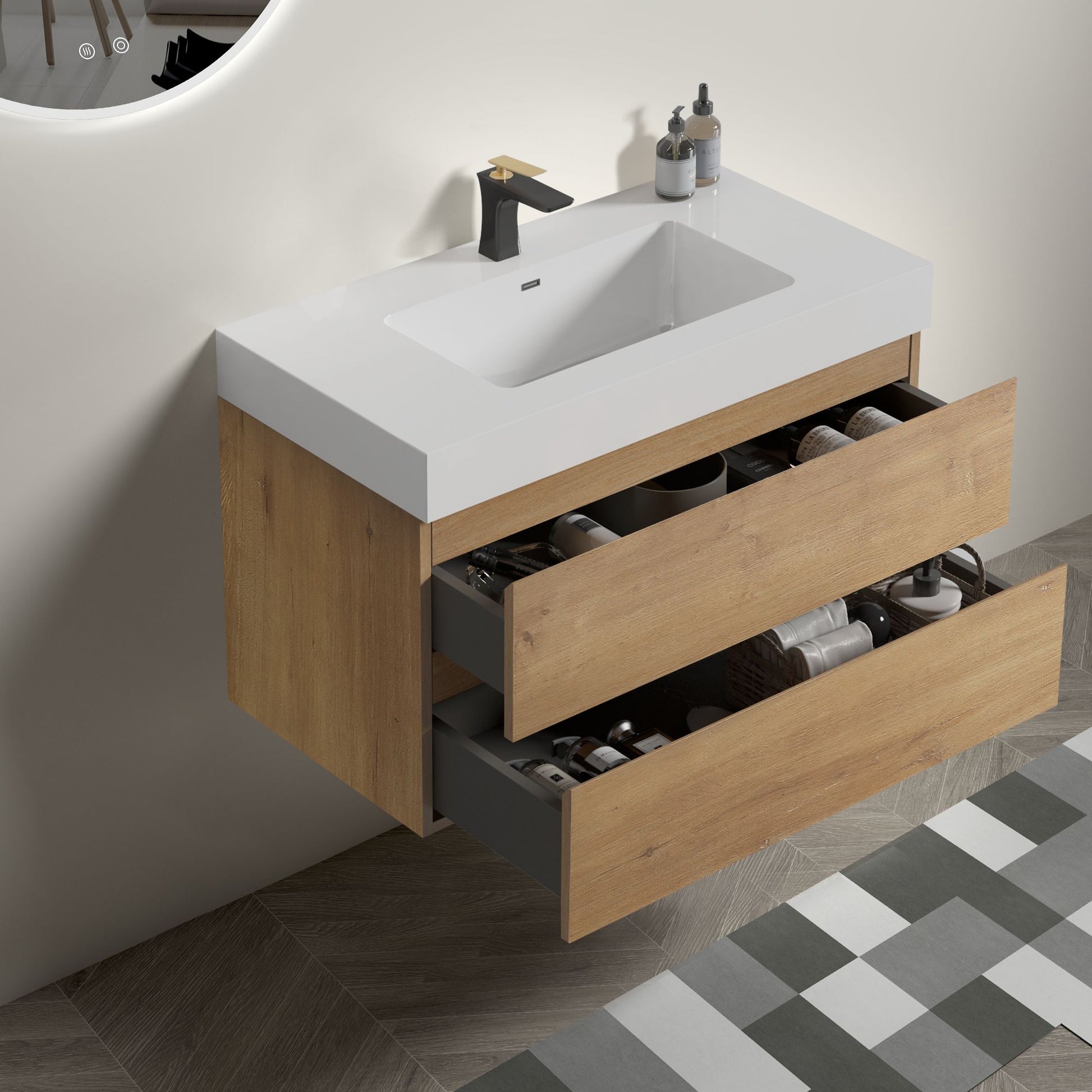 Alice 36" Oak Bathroom Vanity with Black Sink, Large Storage Wall Mounted Floating Bathroom Vanity for Modern Bathroom,  image 3