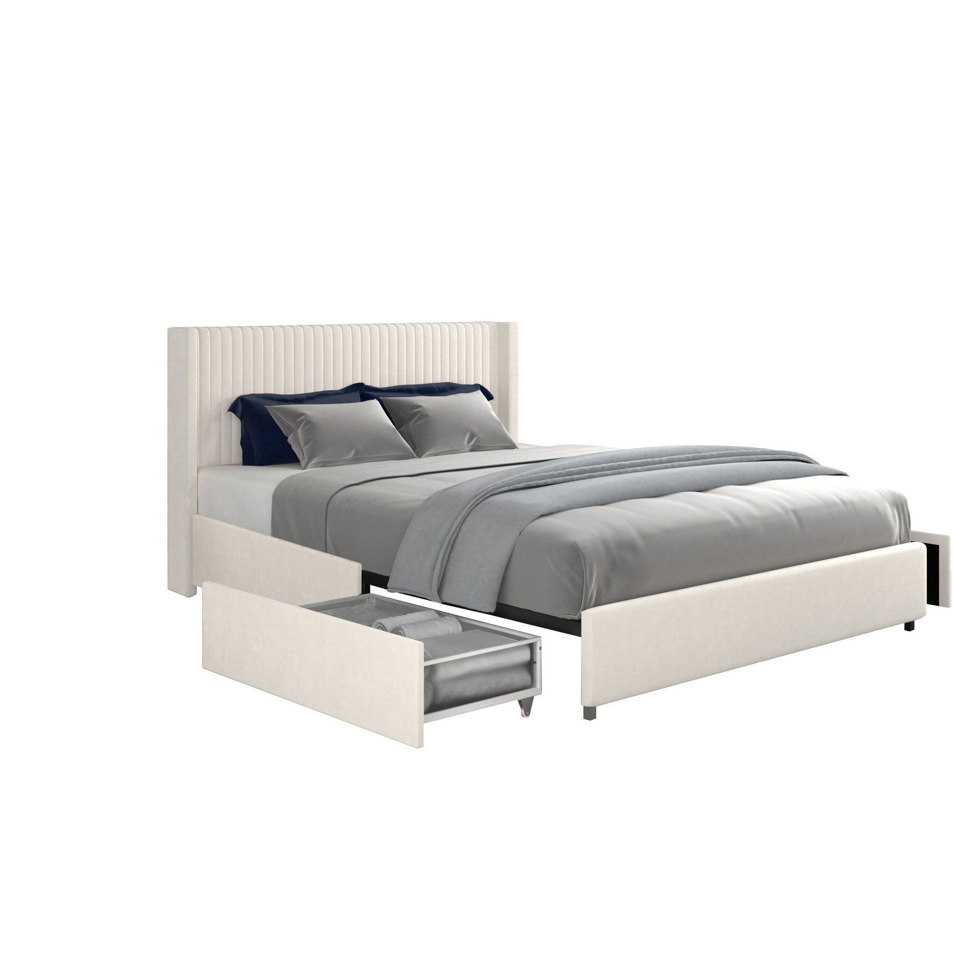 Anna Patented 2-Drawer Storage Bed Queen Size Ivory Velvet Upholstered Wingback Platform Bed, Modern Design Headboard wi image 12