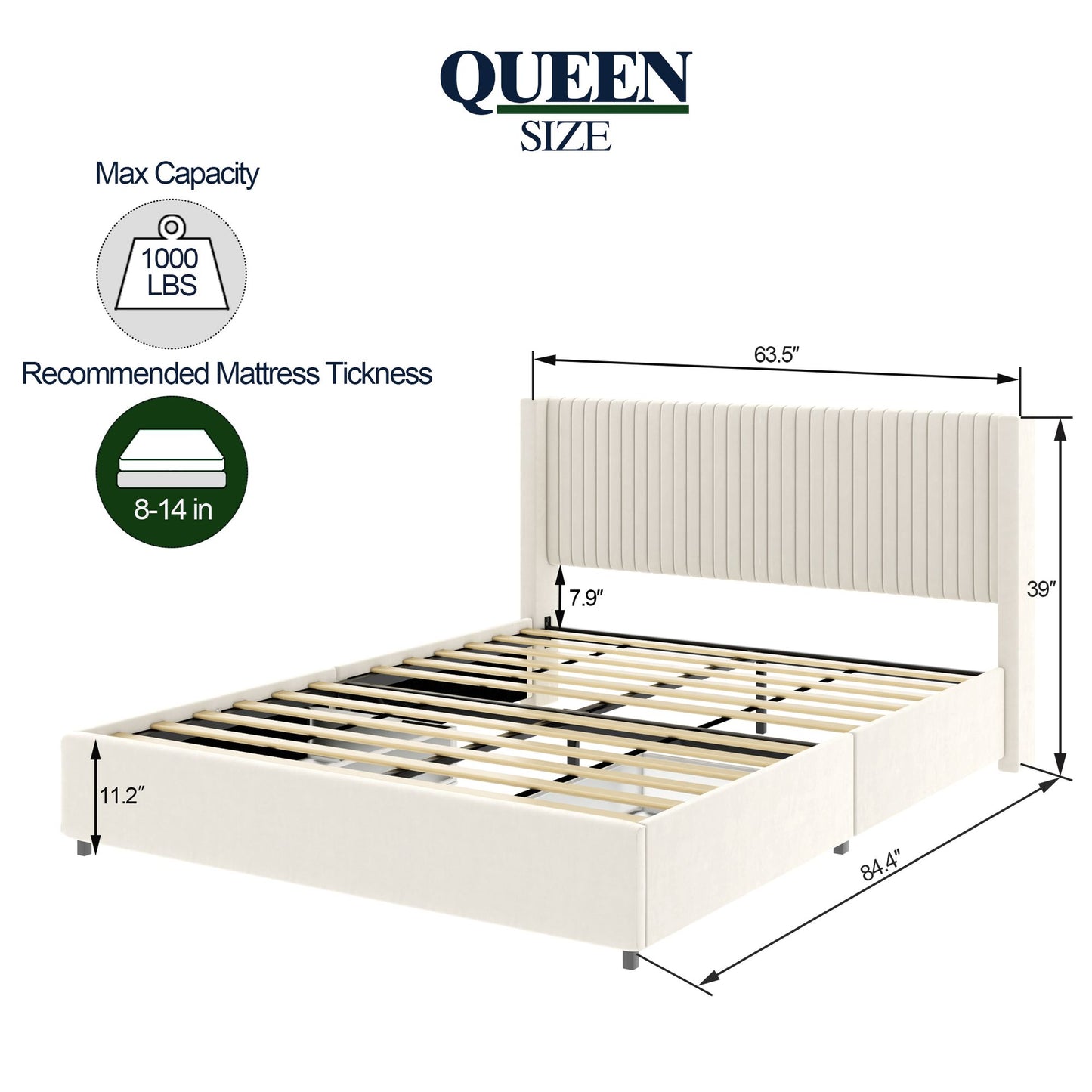 Anna Patented 2-Drawer Storage Bed Queen Size Ivory Velvet Upholstered Wingback Platform Bed, Modern Design Headboard wi image 10