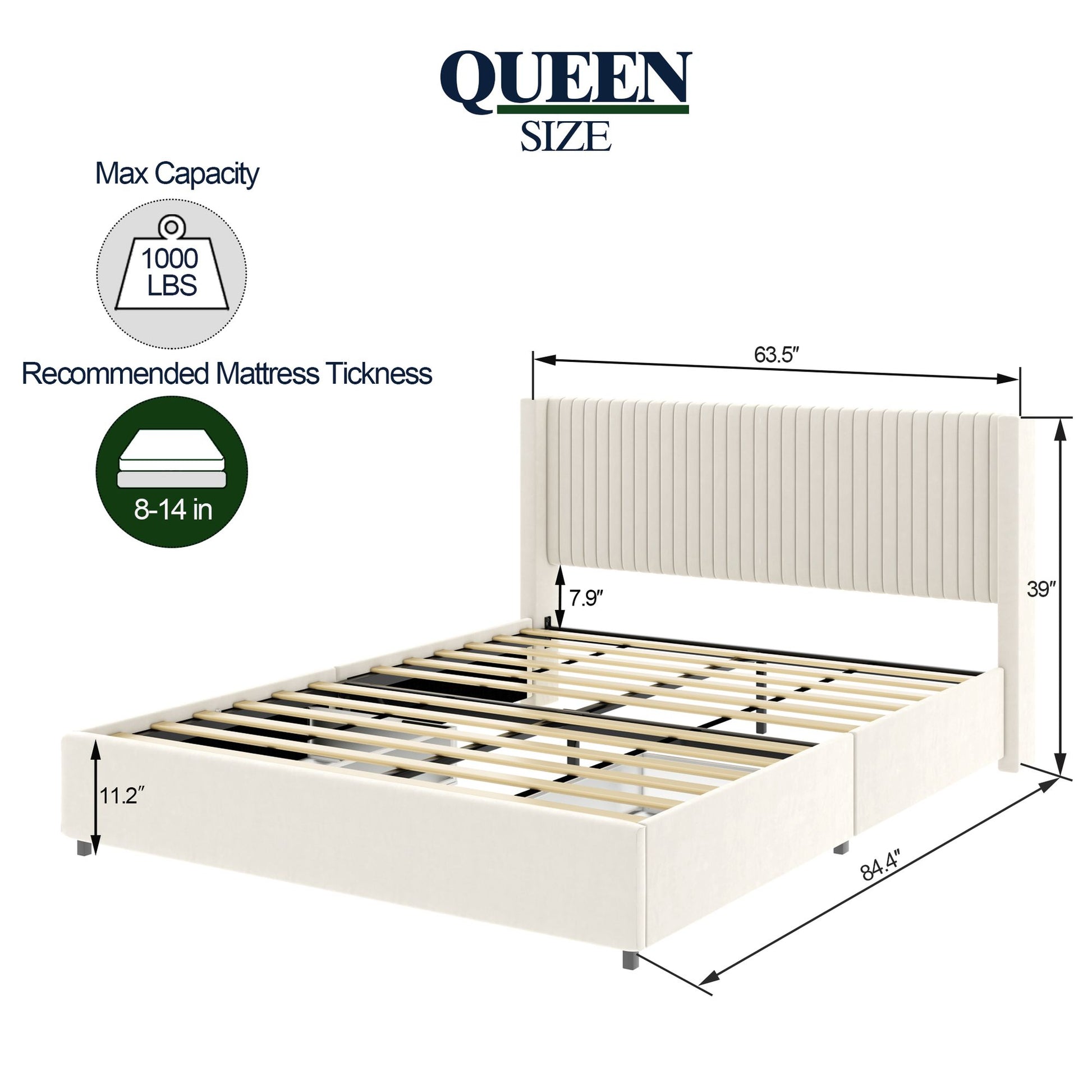 Anna Patented 2-Drawer Storage Bed Queen Size Ivory Velvet Upholstered Wingback Platform Bed, Modern Design Headboard wi image 10