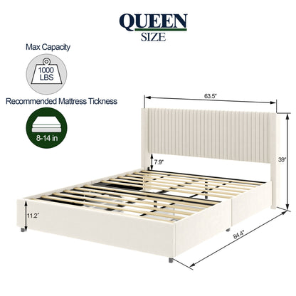Anna Patented 2-Drawer Storage Bed Queen Size Ivory Velvet Upholstered Wingback Platform Bed, Modern Design Headboard wi image 10