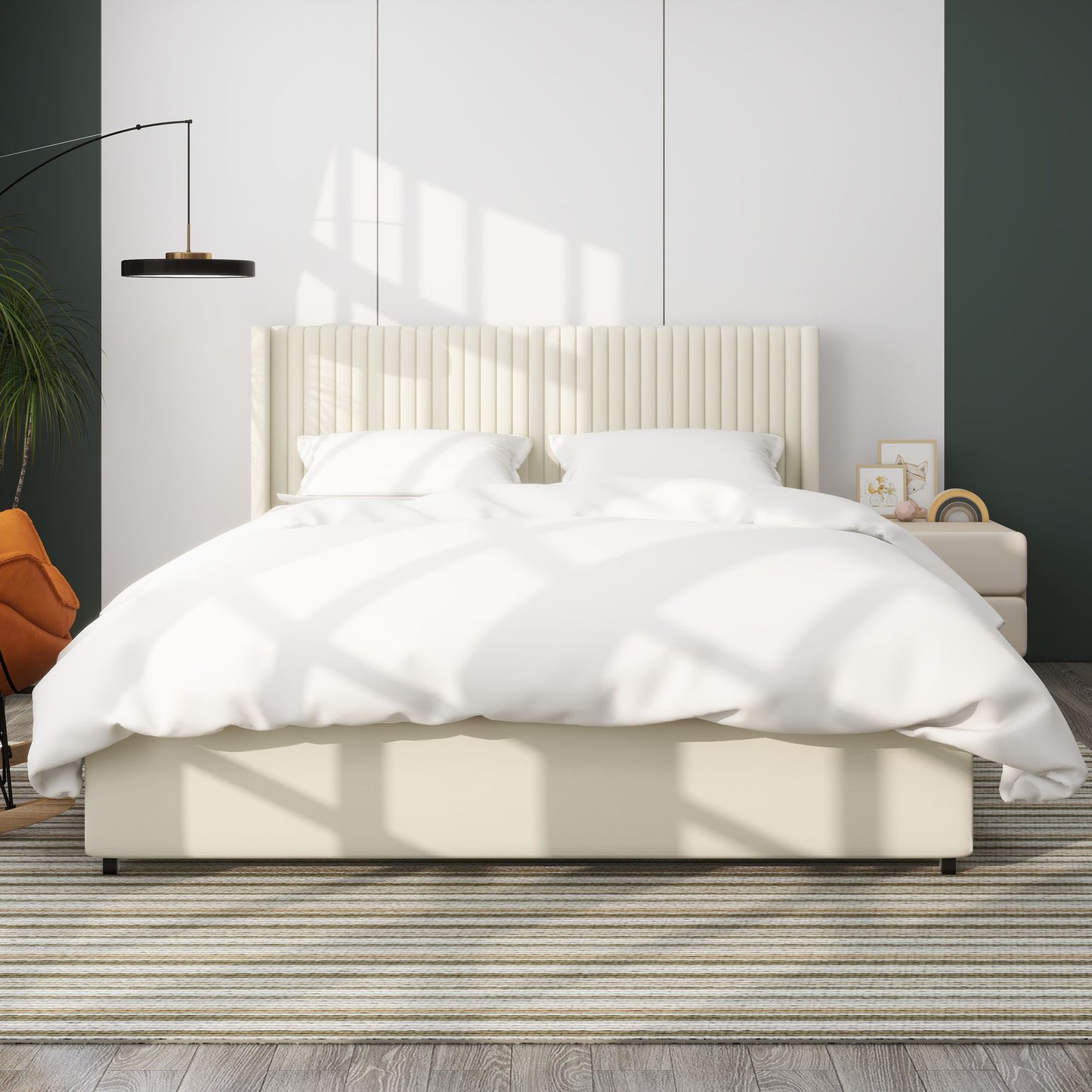 Anna Patented 2-Drawer Storage Bed Queen Size Ivory Velvet Upholstered Wingback Platform Bed, Modern Design Headboard wi image 3