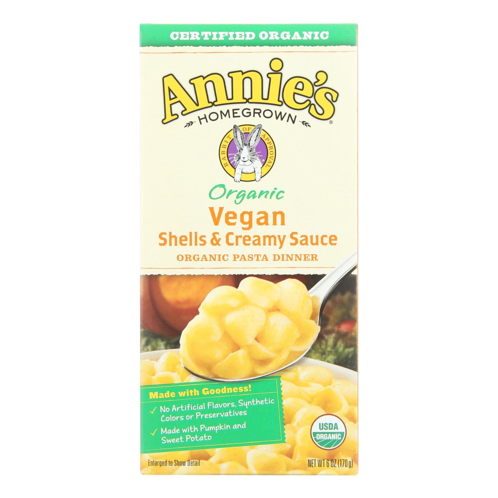 Annie's Homegrown Organic Vegan Shells And Creamy Sauce Pasta Dinner - Case Of 12 - 6 Oz. image 1