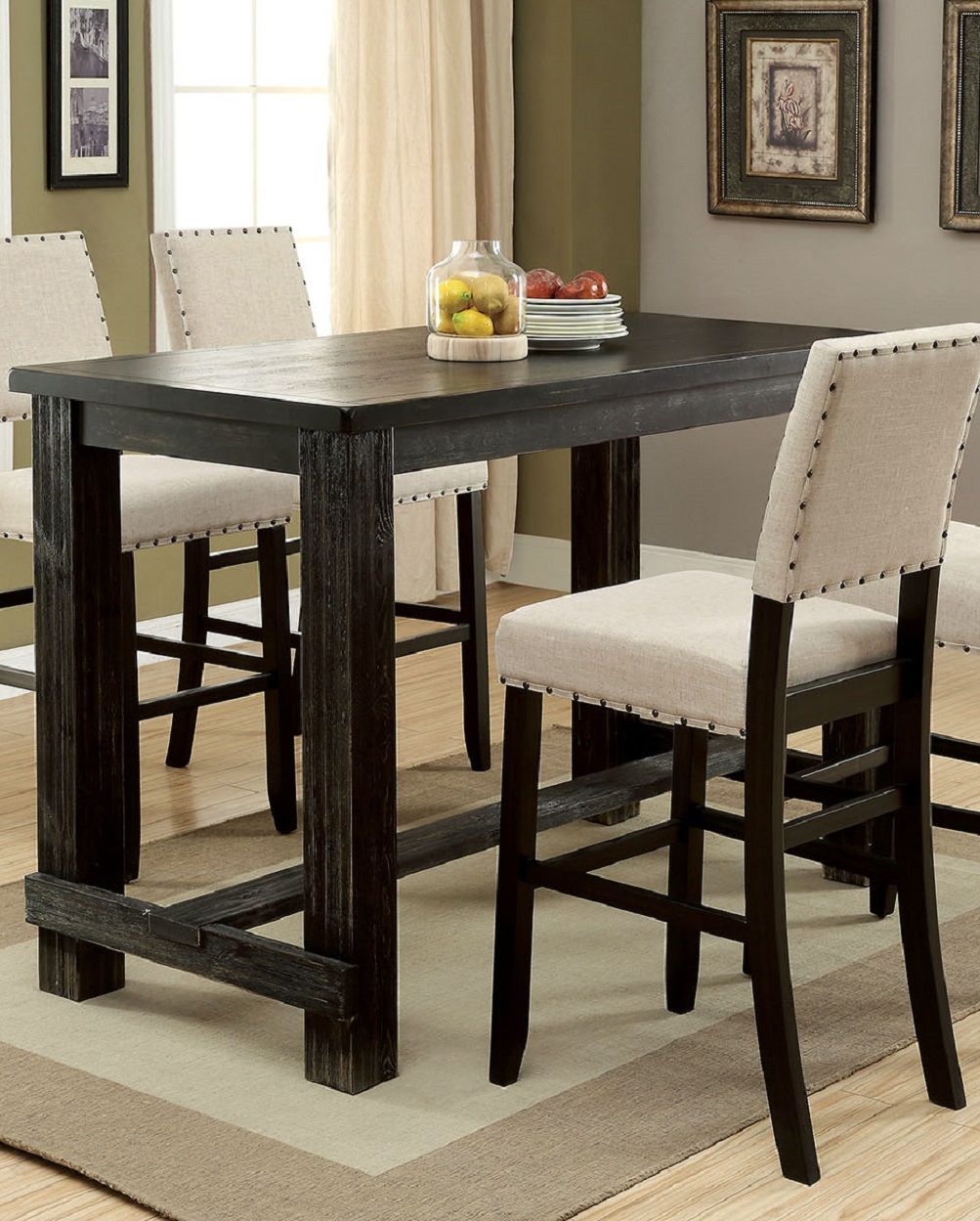 Antique Black Bold Distressed 1pc Bar Table Dining Room Furniture Center Beam for Support / Footrest High Counter Table image 1