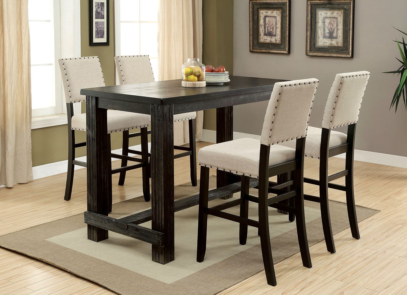 Antique Black Bold Distressed 1pc Bar Table Dining Room Furniture Center Beam for Support / Footrest High Counter Table image 5