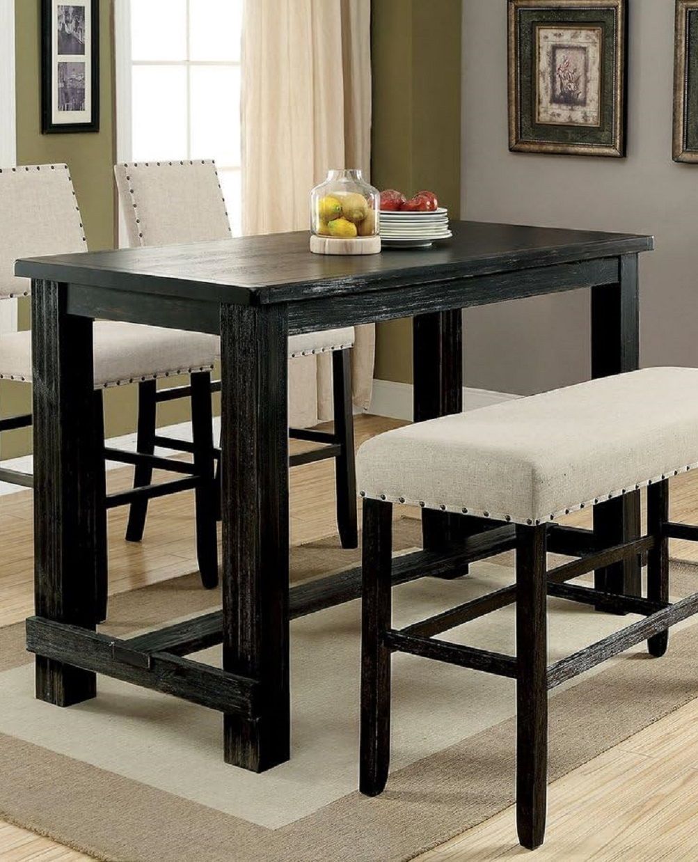 Antique Black Bold Distressed 1pc Bar Table Dining Room Furniture Center Beam for Support / Footrest High Counter Table image 3