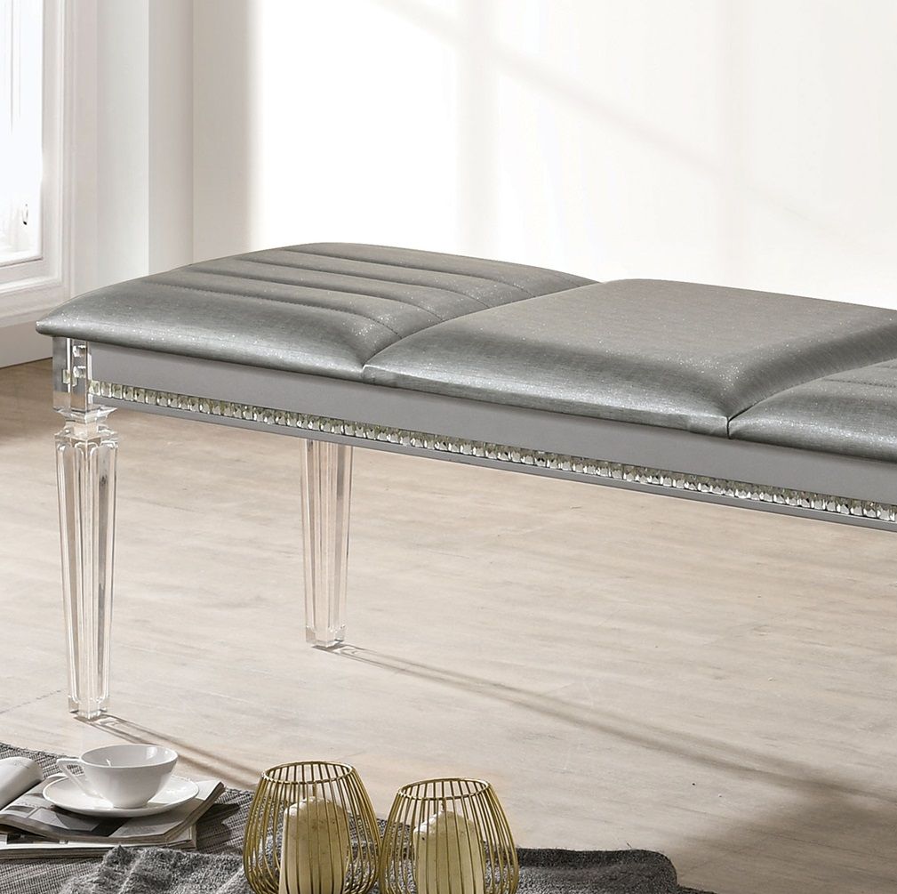 Antique Classic Silver 1pc Bench Only Contemporary Solid wood Acrylic Legs Crystal And Mirror Accent image 3