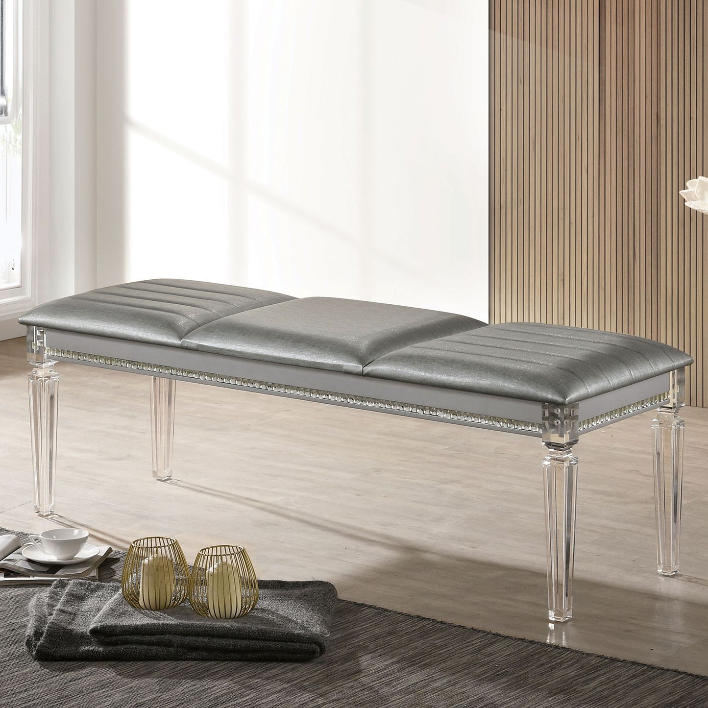 Antique Classic Silver 1pc Bench Only Contemporary Solid wood Acrylic Legs Crystal And Mirror Accent image 1