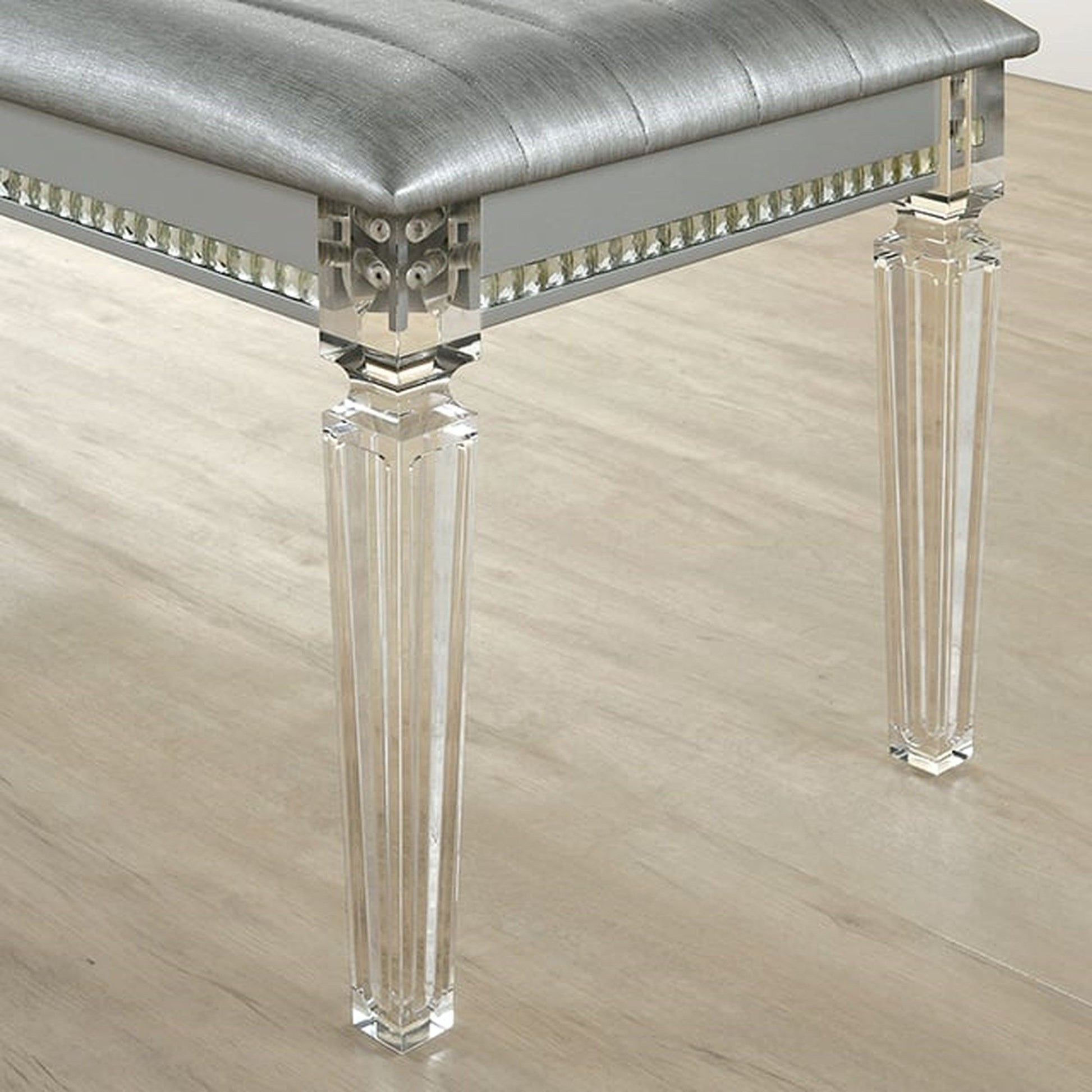 Antique Classic Silver 1pc Bench Only Contemporary Solid wood Acrylic Legs Crystal And Mirror Accent image 6
